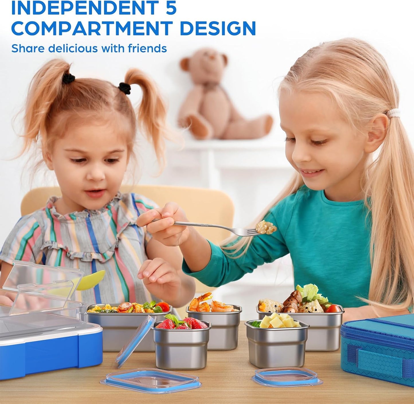 Bento Box Stainless Steel Lunch Box Set with for Lunch Bag Kids Adult 5-Compartment Leakproof Insulated Lunch Containers with Utensils for School Works, Metal Lunchbox Tray BPA-Free (Blue)