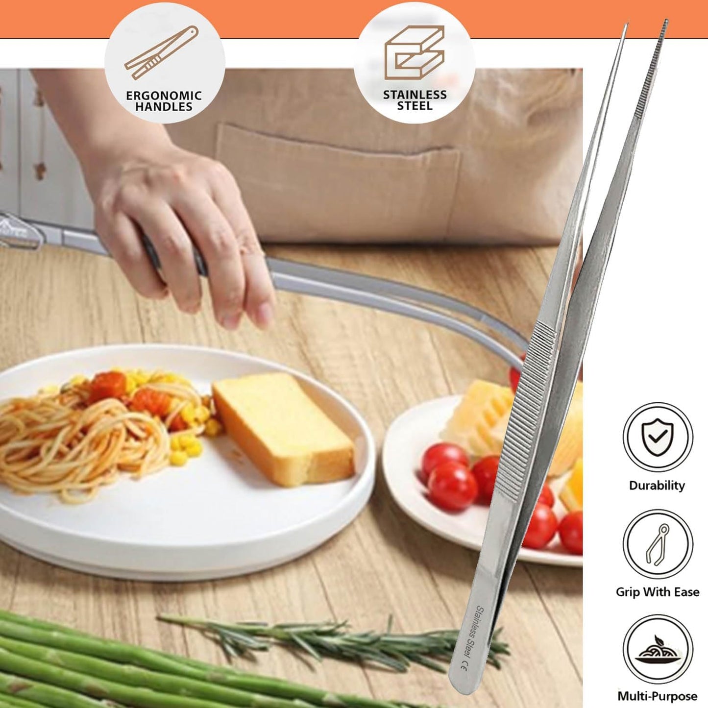 6 Inch Professional Culinary Stainless Steel Precision Tongs with Serrated Tips, Plating/Food Presentation Detailing Serving Tongs, Chef's Kitchen Tweezer Tongs - Ultra Non-Slip Grip