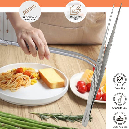 6 Inch Professional Culinary Stainless Steel Precision Tongs with Serrated Tips, Plating/Food Presentation Detailing Serving Tongs, Chef's Kitchen Tweezer Tongs - Ultra Non-Slip Grip