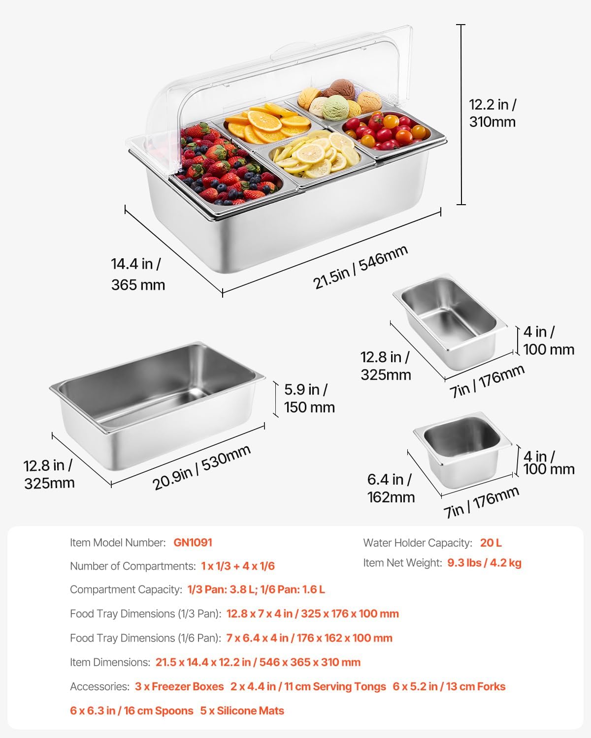 VEVOR Chilled Condiment Server Caddy, 5 Compartment Ice Cooled Serving Container, Plastic Fruit Garnish Tray Platter with Lid, for Taco Salad Bar Accessories, Party Home Restaurant Supplies