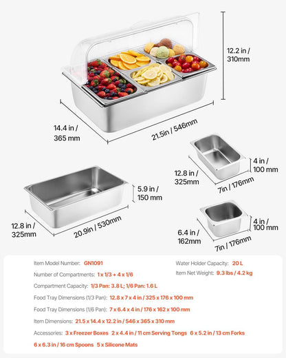 VEVOR Chilled Condiment Server Caddy, 5 Compartment Ice Cooled Serving Container, Plastic Fruit Garnish Tray Platter with Lid, for Taco Salad Bar Accessories, Party Home Restaurant Supplies