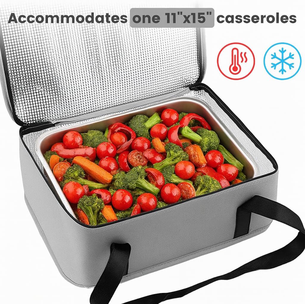 Insulated Resuable Casserole Carrier Bag for Hot or Cold Food, Foldable Portable Prep Carrier, Thermal Food Transport Bag for 9''x13'' & 11''x15'' Baking Pan, Travel Picnic Cake Dessert lunch, Black