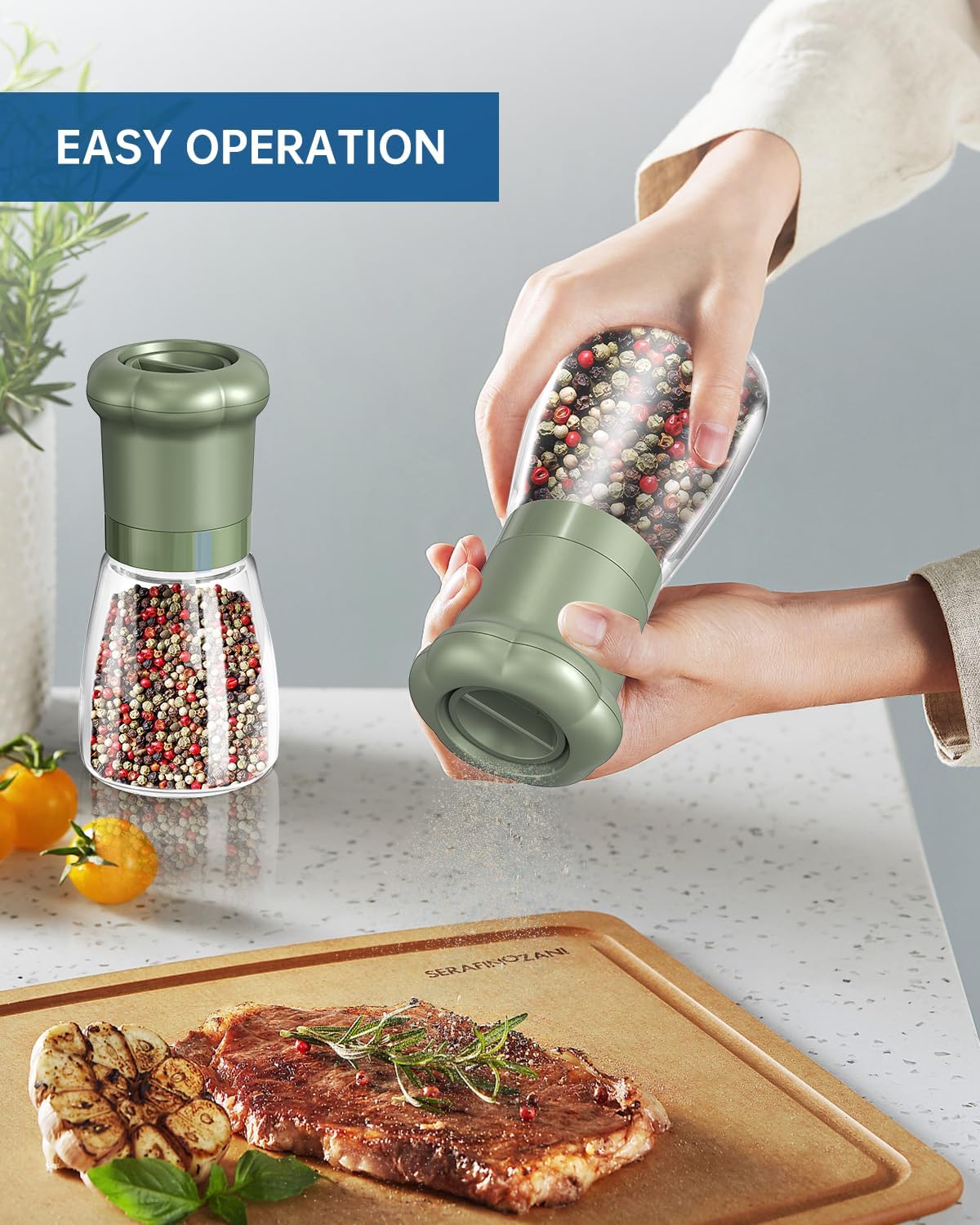 CIRCLE JOY Premium Manual Salt and Pepper Grinder Set, Refillable Salt and Pepper Shakers with Ceramic Blades, Adjustable Coarseness and BPA-free 180ml Glass Container, Tall Black White