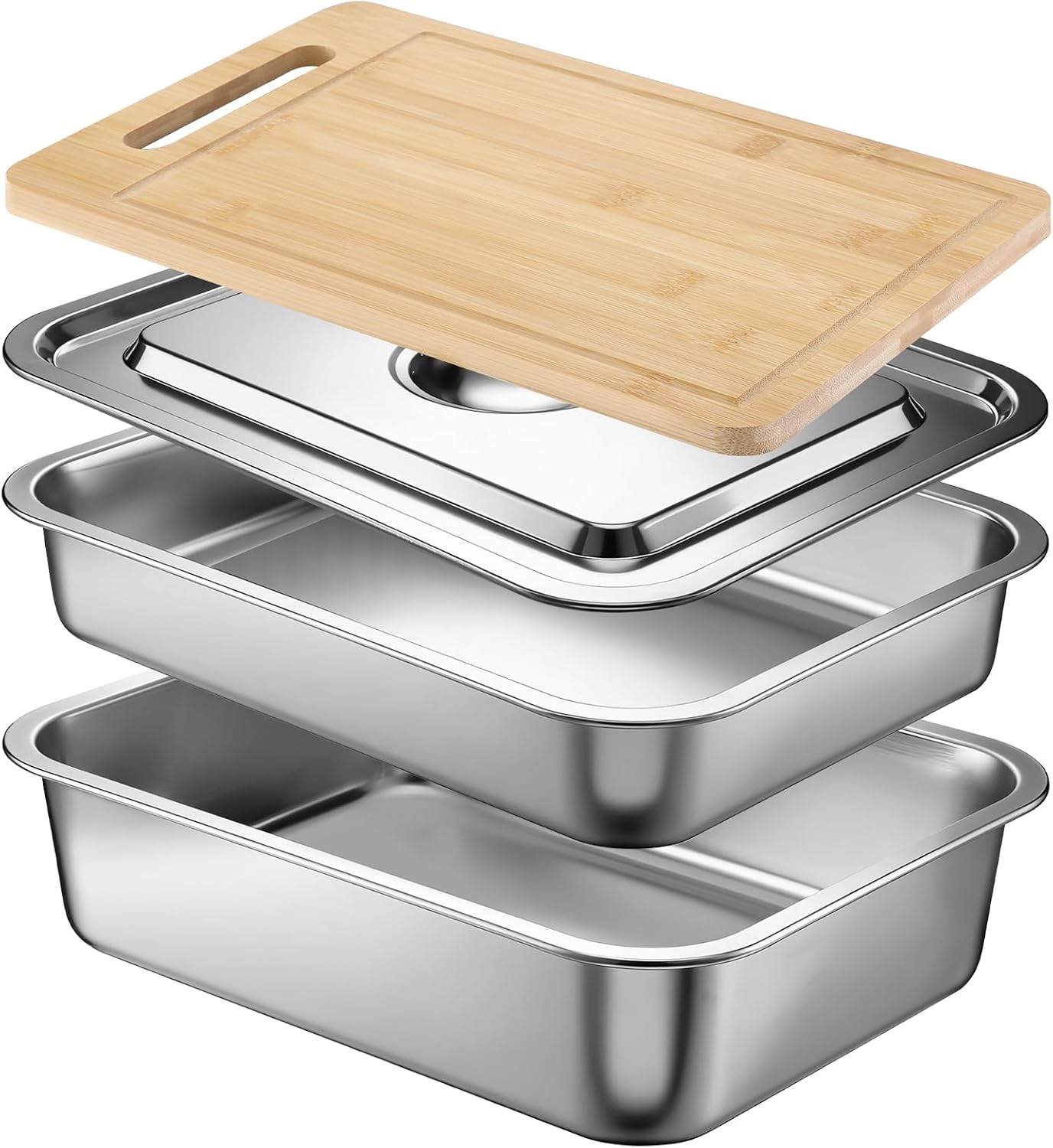 LemonRoad 4 in 1 Grill Prep Trays Sets, Grilling Prep and Serve Tray Large Stainless Steel Food Trays with Cutting Board for Outdoor Cooking Picnic Grilling BBQ Accessories Gift