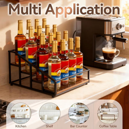 kimilus Coffee Syrup Organizer Rack, Liquor Bottle Display Shelf, 2 Tier 10 Syrup Bottles Holder Stand for Coffee Bar Kitchen Small Wine Rack for Family Storage for Syrup Wine Dressing