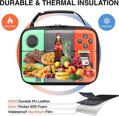Kids Gamer Lunch Box for Boys, Game Console Insulated Lunch Bag, PU Leather Waterproof Lunchbox with Mesh Pocket, Durable Leakproof Lunch Tote Fits Bento Box for School
