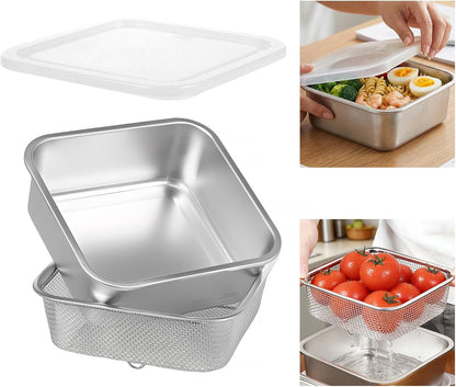 Stainless Steel Colander Set, Square Strainer with Lid for Draining Vegetable Washing Rice, 2 in 1 Strainer Bowl & Food Storage Container Food Preparation Box Bowl (1500ml)