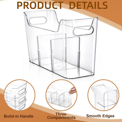 4 Pack Tall Narrow Clear Bins, Slim Pantry Freezer Organizer Bins with Removable Divider, Stackable Plastic Storage Containers with Handle for Kitchen Cabinet Closet Bathroom
