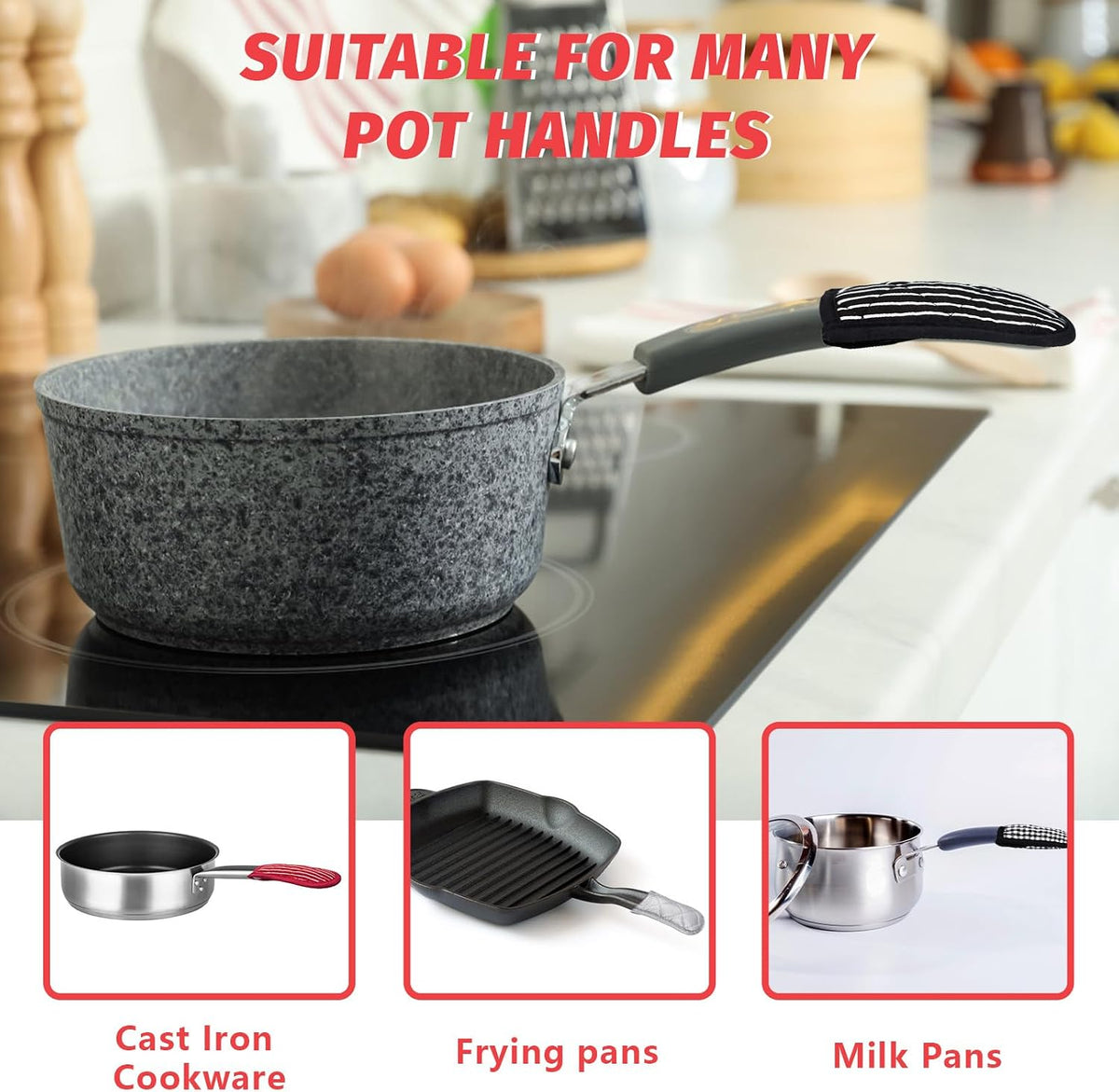 ASTIMESA Cast Iron Skillet Handle Covers, Non-Slip Cloth Hot Pan Handle Sleeve, Machine Washable Pot Holders Heat Resistant Potholders for Kitchen Cooking Baking (2, Black，red)