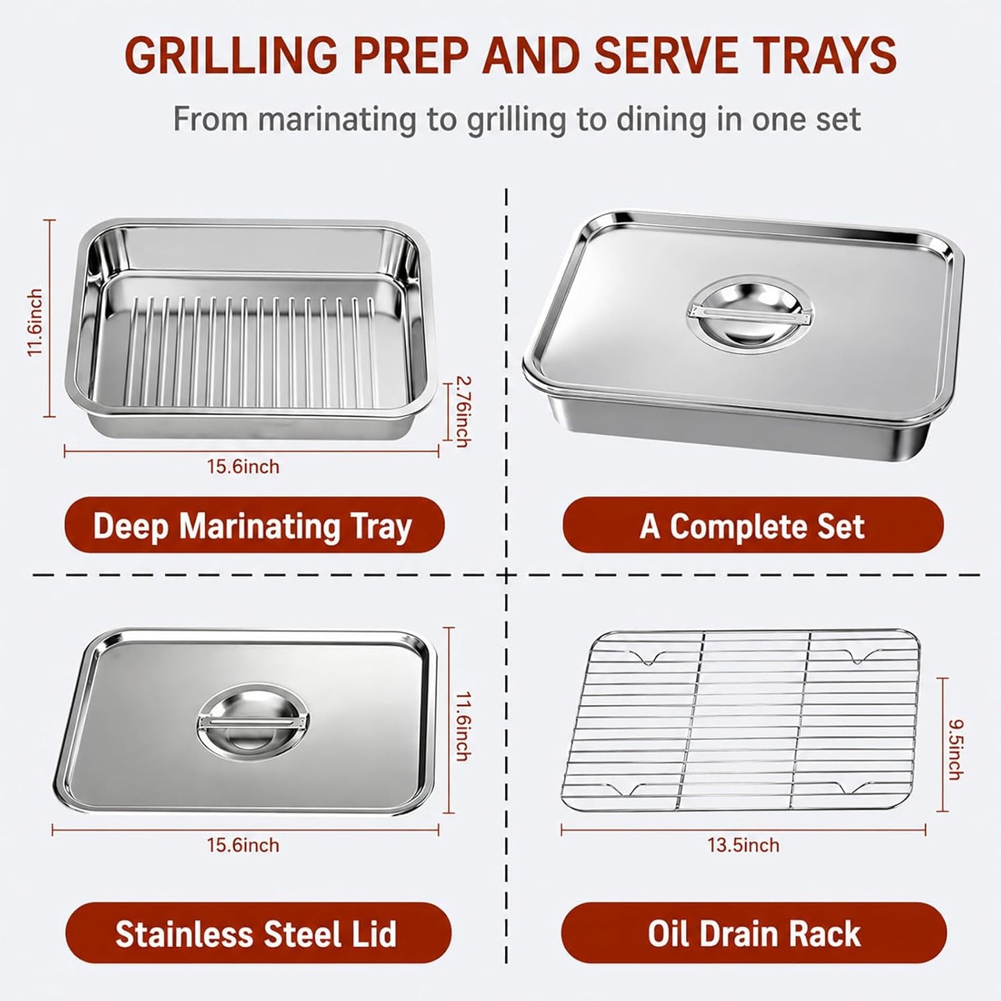 Grill Prep & Serve Tray Set with Lids, 5-Piece Food Prep System for Marinating, Carrying & Serving, Stainless Steel BBQ Trays for Raw & Cooked Food Separation (Rack Included)