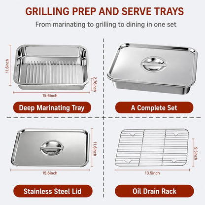 Grill Prep & Serve Tray Set with Lids, 5-Piece Food Prep System for Marinating, Carrying & Serving, Stainless Steel BBQ Trays for Raw & Cooked Food Separation (Rack Included)
