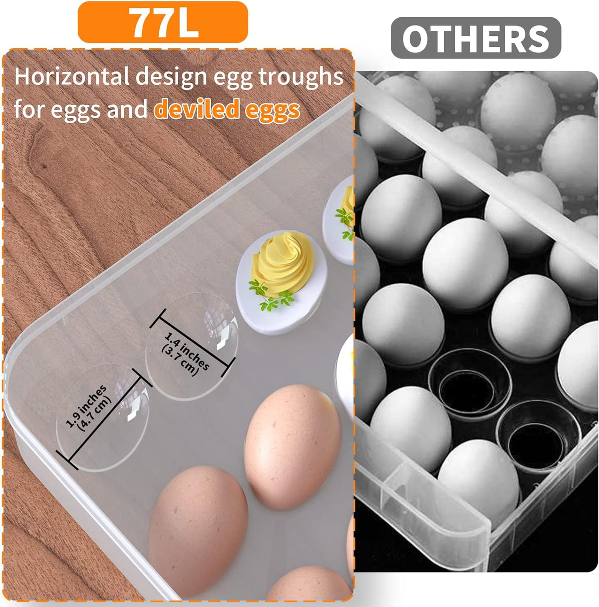 77L Deviled Egg Containers with Lid, (Set of 2), Plastic Egg Holder for Refrigerator for 48 Eggs, Clear Storage Deviled Egg Carrier Tray, Fridge Stackable Countertop Portable Egg Dispenser