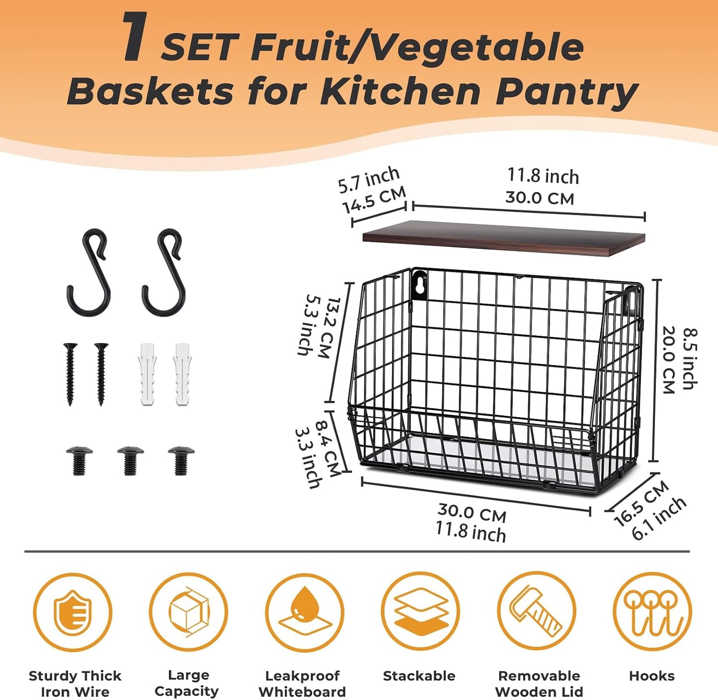 White Fruit Bowl Wire Basket Storage Pantry Fruit and Vegetable Storage Fruit Basket for Kitchen Counter Stackable Wall Mounted Hanging Basket Wire Basket with Wood Lid with Hanger Hooks