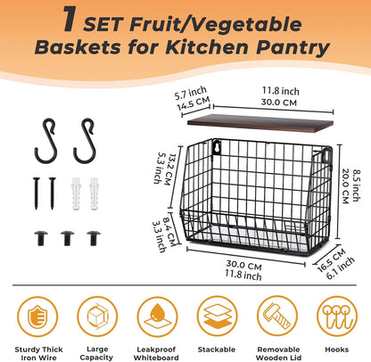 White Fruit Bowl Wire Basket Storage Pantry Fruit and Vegetable Storage Fruit Basket for Kitchen Counter Stackable Wall Mounted Hanging Basket Wire Basket with Wood Lid with Hanger Hooks
