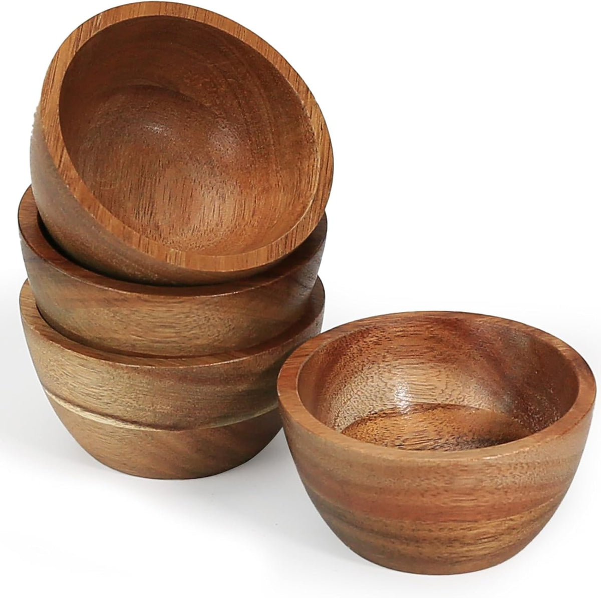 Acacia Wooden Bowls Set, Small Pinch Bowls for Sauces/Dips/Condiments, Mini Serving Bowls for Snacks/Appetizers/Side Dishes/Charcuterie Board, 3 oz Wooden Ramekins, Handmade Reusable, 4 pcs