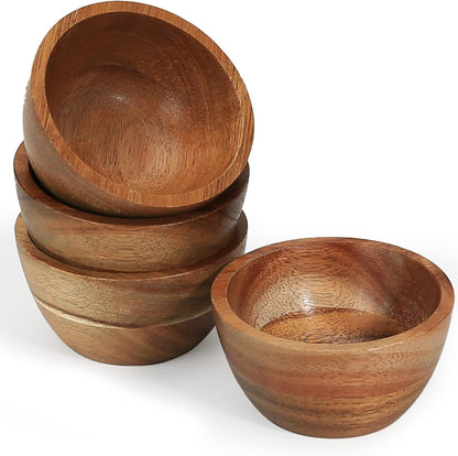 Acacia Wooden Bowls Set, Small Pinch Bowls for Sauces/Dips/Condiments, Mini Serving Bowls for Snacks/Appetizers/Side Dishes/Charcuterie Board, 3 oz Wooden Ramekins, Handmade Reusable, 4 pcs
