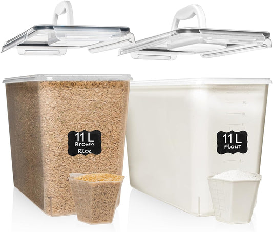 Shazo 2 PC (11L | 372 oz) Flour Sugar Storage Containers with Easy Carry Handle - Plastic Extra Large Food Storage Containers with Lids for Rice Cereal, BPA Free & Airtight Kitchen Pantry Organization