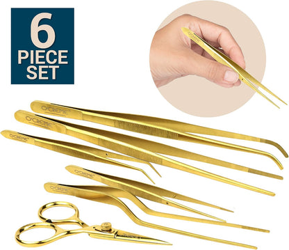 O'Creme Set of Culinary Tweezer Tongs Offset, Straight and Curved, Plus Super Sharp Chef Scissors, Total 6 Pieces (Rose Gold)