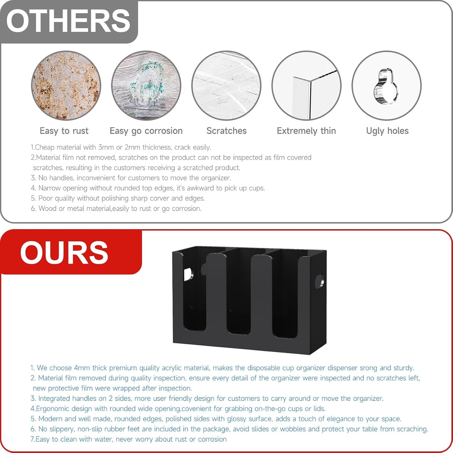 WINFFOR Disposable Cup Organizer Dispenser - 2 Compartments Clear Acrylic Cup and Lid Holder with Handles Plastic Cup Dispenser Countertop Paper Cup Holder for Coffee Bar House Party Essentials
