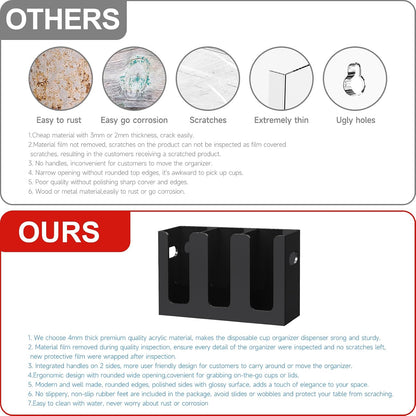 WINFFOR Disposable Cup Organizer Dispenser - 2 Compartments Clear Acrylic Cup and Lid Holder with Handles Plastic Cup Dispenser Countertop Paper Cup Holder for Coffee Bar House Party Essentials