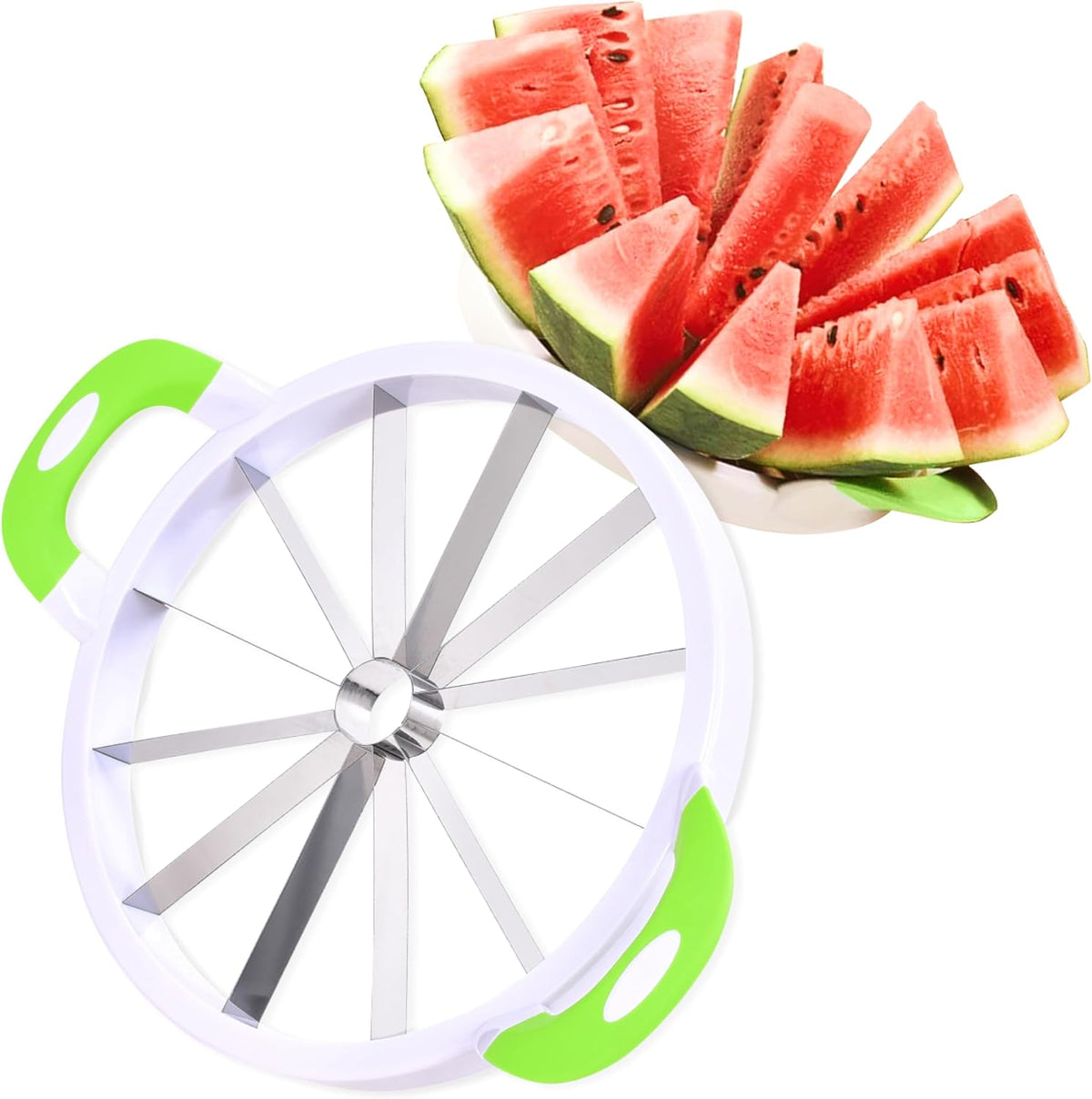 2LB Depot Watermelon Slicer - Versatile Melon Slicer and Fruit Divider with 12-Blade Uniform - Stainless Steel Blades - Easy-to-Use Handheld Cutting Tool - White & Green - 14.56Wx12.59Hx2.75L