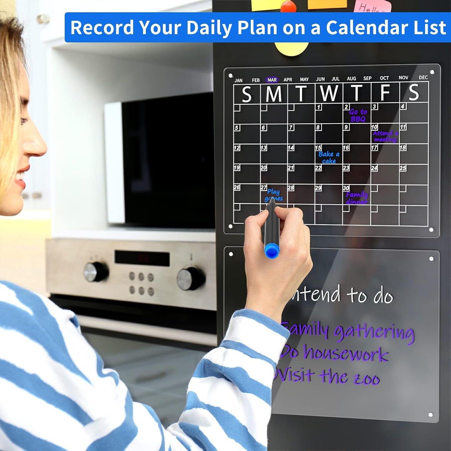 AITEE All-in-One Magnetic Dry Erase Board for Fridge, 2-Pack Acrylic Calendar & Memo Set with 6 Markers (3 Colors), Eraser, Holder, Reusable 16x12 Inch Planner