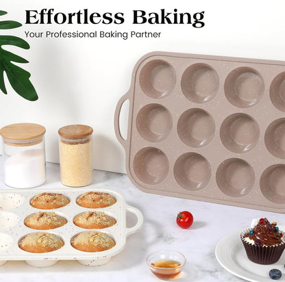 Vinino 2Pack Silicone Muffin Pans for Baking with Metal Reinforced Frame, 12 Cups Regular Size Nonstick Silicone Cupcake Pan, BPA Free Oven Dishwasher Safe Baking Mold for Muffins Cupcakes