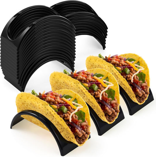 Baderke 24 Pcs Single Taco Holder Stand Black Plastic Tray Plates Mexico Taco Holder for Tuesday Night Carnival Backyard Party Supplies, Dishwasher Microwave Safe
