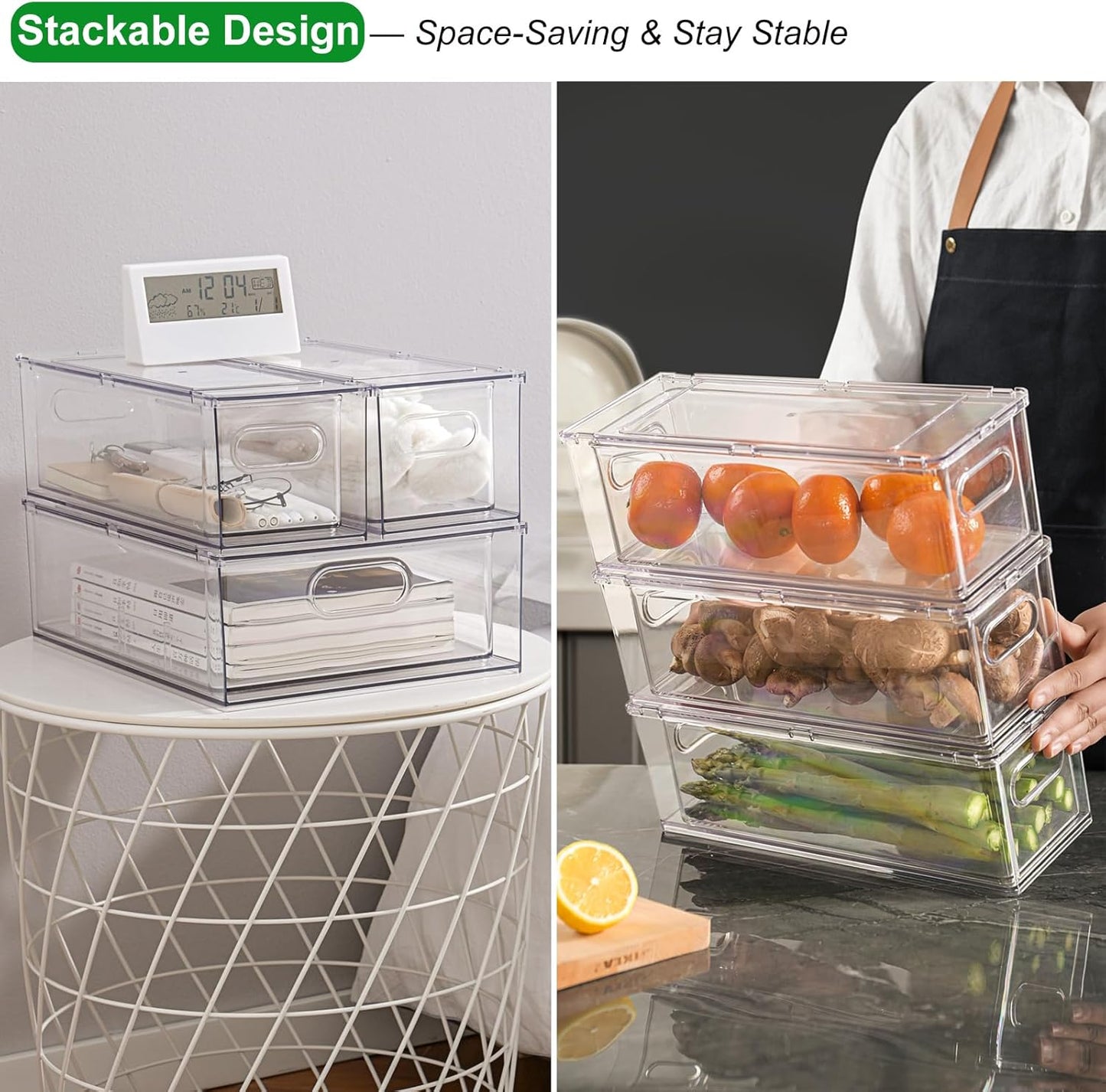 Taiuloo 2 Pack Stackable Refrigerator Organizer Bins with Pull-Out Drawer, Clear BPA-Free Food Storage Containers for Fridge Freezer, Kitchen Pantry Cabinet & Bathroom Vanity Organization
