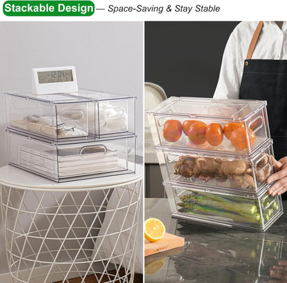 Taiuloo 2 Pack Stackable Refrigerator Organizer Bins with Pull-Out Drawer, Clear BPA-Free Food Storage Containers for Fridge Freezer, Kitchen Pantry Cabinet & Bathroom Vanity Organization