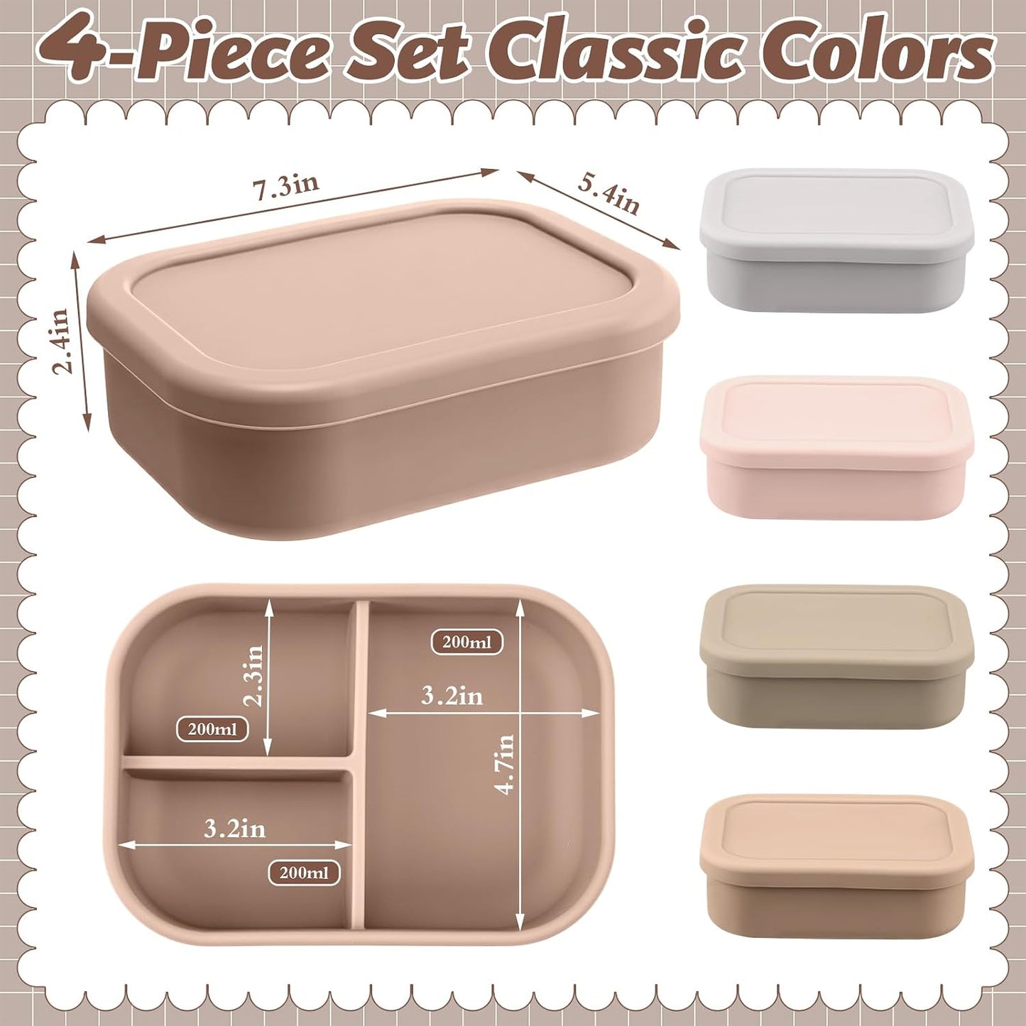 Honeydak 6 Pcs Silicone Bento Box Reusable Silicone Bento Lunch Container for Adults Microwave Dishwasher Freezer Safe 3 Compartment (Light Colors)