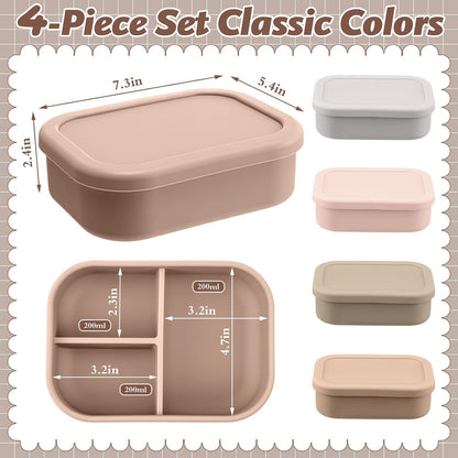 Honeydak 6 Pcs Silicone Bento Box Reusable Silicone Bento Lunch Container for Adults Microwave Dishwasher Freezer Safe 3 Compartment (Light Colors)