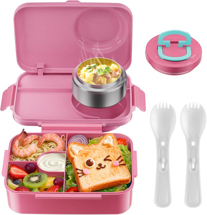 DaCool Upgraded Kids Lunch Box with Thermo for Hot Food 1400ml Child Bento Box for Kids with 5oz Small Thermo for Boys Girls with Fork Spoon Leakproof for Dining Out School Work Picnic, Blue