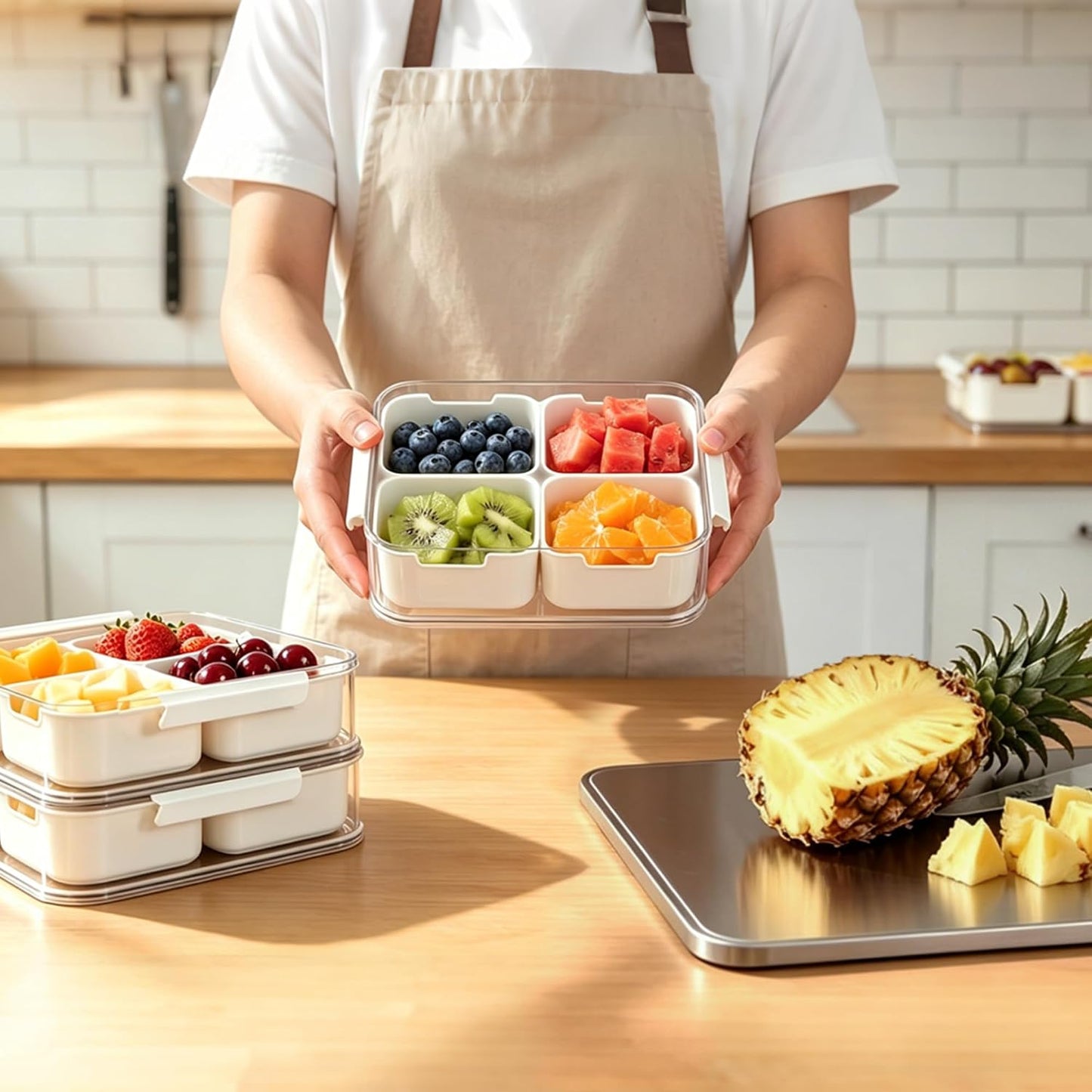 IVYHOME 2-Tier Stackable Snackle Box Container, Veggie Tray with Lid for Fridge, Divided Serving Tray, BPA-Free Plastic Food Organizer for Fruit, Spices, Portable for Picnic, Party, Kitchen Countertop