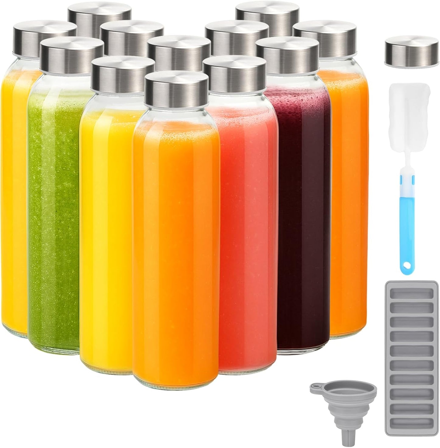 Zukro Glass Juice Bottles with Lids for Juicing 18 oz, Reusable Clear Glass Water Bottles with Stainless Steel Airtight Cap for Refrigerator, 100% Leak Proof Drinking Jar, BPA Free, Set of 6