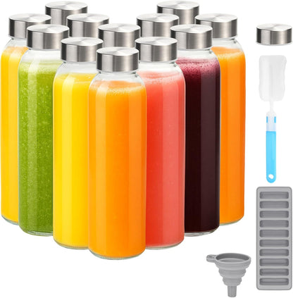 Zukro Glass Juice Bottles with Lids for Juicing 18 oz, Reusable Clear Glass Water Bottles with Stainless Steel Airtight Cap for Refrigerator, 100% Leak Proof Drinking Jar, BPA Free, Set of 6