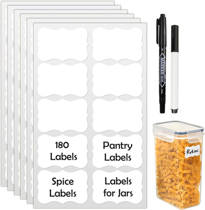 JIEHENG 180Pcs Chalkboard Labels for Jars,Removable Stickers with 1 Liquid Chalk Markers(Black, Wavy)