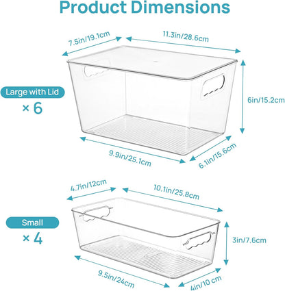 Vtopmart Clear Plastic Storage Bins, 6 PCS Pantry Organizer Bins with Handle for Refrigerator, Fridge, Cabinet, Kitchen, Countertops, Cupboard, Freezer Organization and Storage, Large