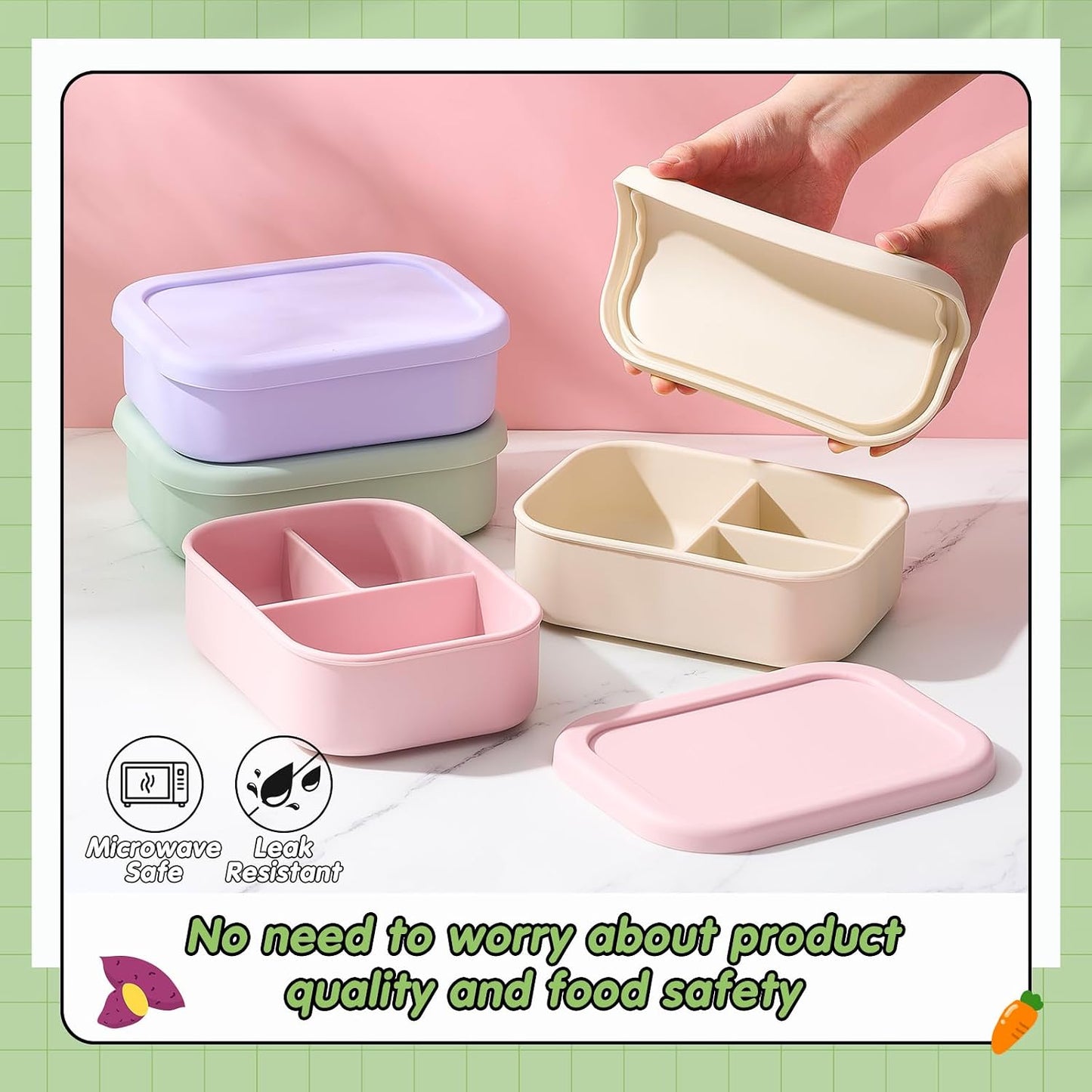 Layhit 4 Pcs Silicone Bento Box for Adults, 27 oz Bento Lunch Container Reusable 3 Compartment Lunchable Food Container for Women Men, Leak Proof Microwave Dishwasher Freezer Safe (Cool Colors)