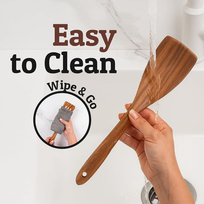 PriorityChef Wooden Slotted Spoon - Premium Teak Cooking Utensil for Frying, Straining & Serving - Long Handle Kitchen Spoon for Nonstick Cookware - Handcrafted Durable Wood