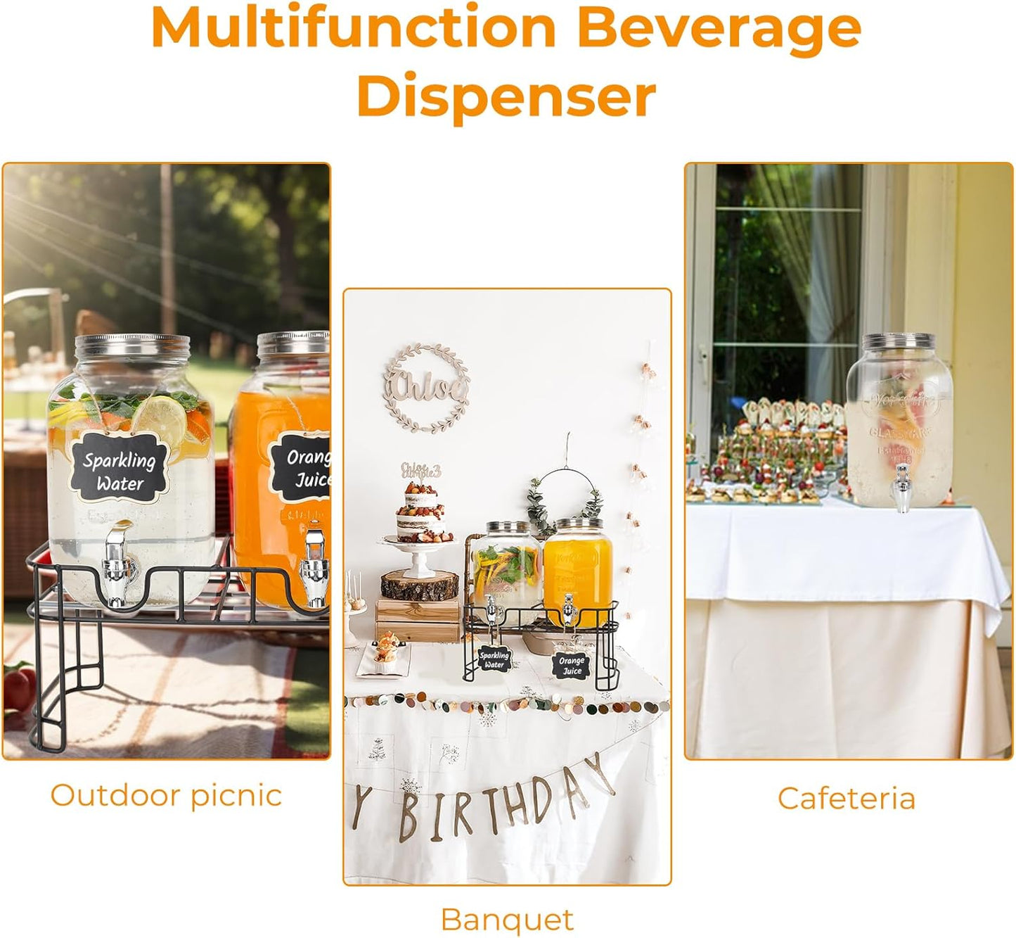 1 Gallon Glass Drink Dispensers with Wood Lid, 2 Pack Clear Beverage Dispenser with Stand and Spigot for Parties, Lemonade Dispenser with Markers and Chalkboard for BBQ, Picnic