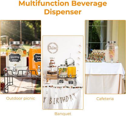 1 Gallon Glass Drink Dispensers with Wood Lid, 2 Pack Clear Beverage Dispenser with Stand and Spigot for Parties, Lemonade Dispenser with Markers and Chalkboard for BBQ, Picnic
