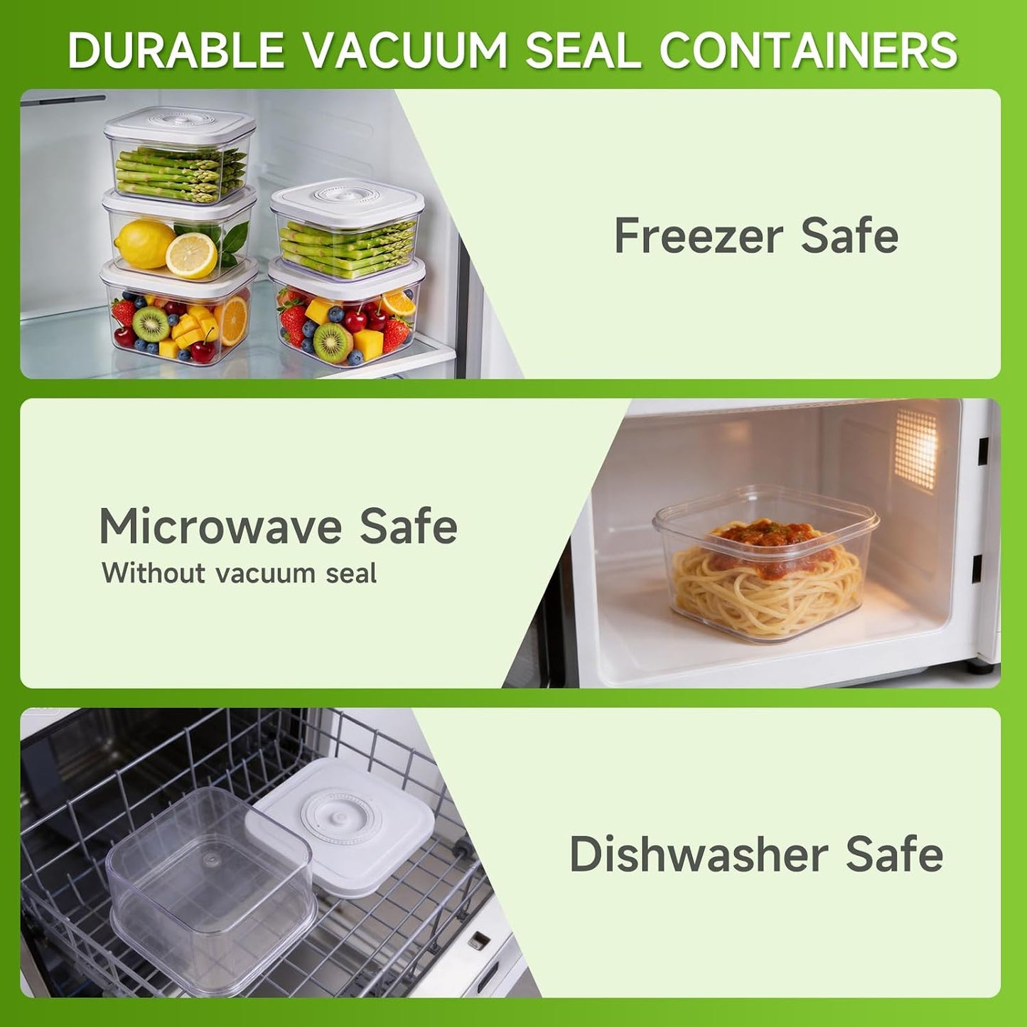 Vixino Vacuum Seal Containers, 3Pcs Reusable Food Storage Containers with Lids for Meal Prep and Freezer, BPA-Free，Microwave Safe，Leak-proof, Airtight (Vacuum Sealer Not Included)