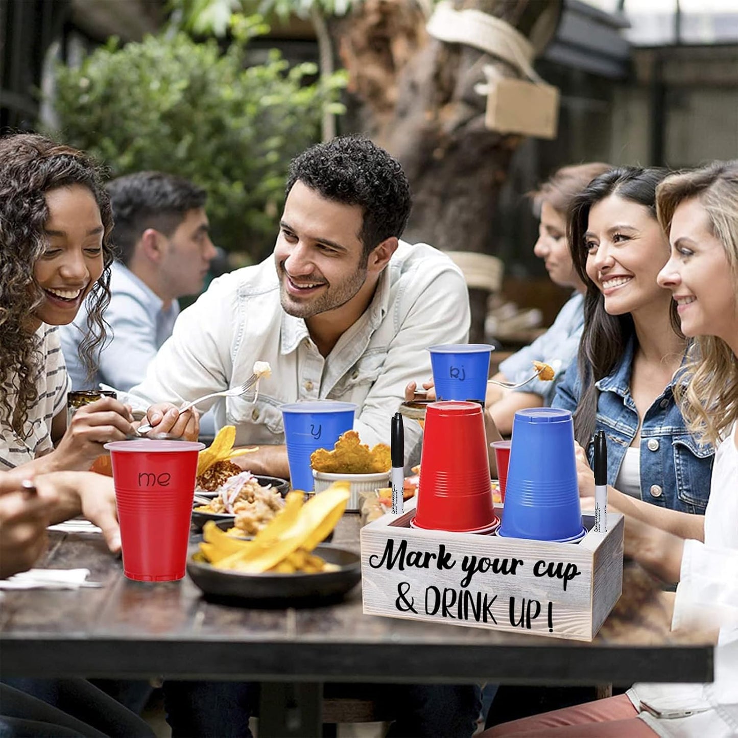 Wooden Cup Holder with Marker Slot, Disposable Plastic Party Cup Organizer for Holiday Gatherings - Hosting Essential to Mark Your Cup & Drink Up, Prevent Mix-Ups, Reduce Waste