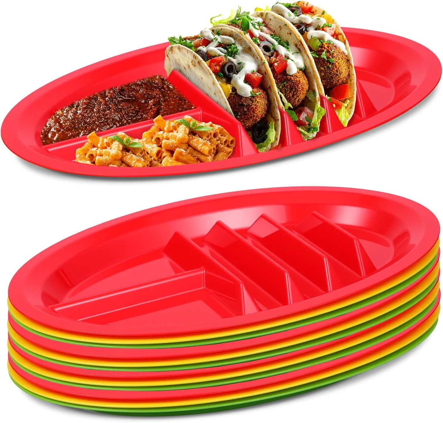 12 Pack Colorful Plastic Taco Plates – Reusable Taco Holder with Dividers for 3 Tacos & 2 Dipping Areas, BPA-Free, Dishwasher & Microwave Safe (Red, Yellow, Green)