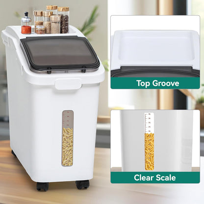 YITAHOME Large Flour Storage Container Ingredient Bins, 11.4-Gallon Rice Food storage Containers Bins with Wheels, Scoop and Airtight Lid for Bulk Rice, Cereal Grain, Sugar, White
