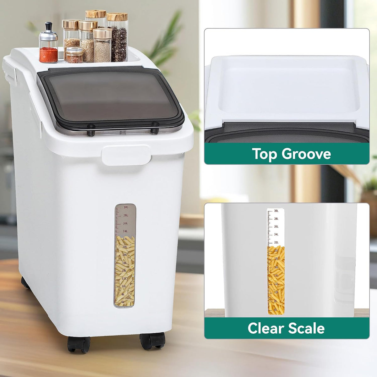 YITAHOME 50L/90lb Large Ingredient Flour Storage Bin, Commercial 11.4-Gallon Rice Storage Container 280 Cups Bulk Flour storage Bins with Wheels,Scoop,Lid and scale, Rice Bin for Kitchen, White