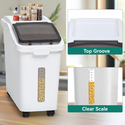 YITAHOME 50L/90lb Large Ingredient Flour Storage Bin, Commercial 11.4-Gallon Rice Storage Container 280 Cups Bulk Flour storage Bins with Wheels,Scoop,Lid and scale, Rice Bin for Kitchen, White