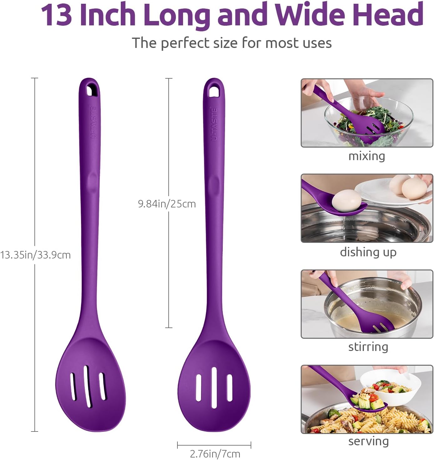 600ºF Heat Resistant Silicone Spoons: U-Taste 13.3in Solid & Slotted Kitchen Cooking Tool, Nonstick Long Rubber Utensil, Sturdy for Mixing, Serving, Stirring, Frying, Basting (Aqua Sky, 2PCS)