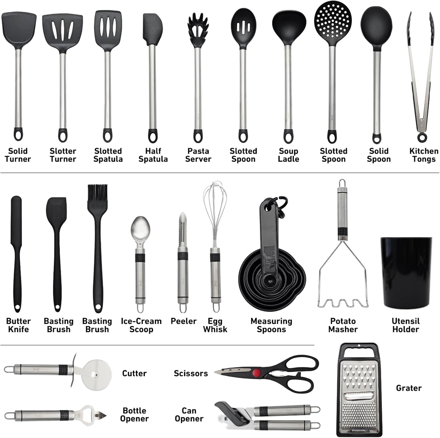Silicone Kitchen Utensils Set 33 PCS Heat Resistant Food Grade Silicone Utensils Set for Cooking with Stainless Steel Handles BPA Free Kitchen Gadgets Tools Set with Holder Safe for Nonstick Cookware